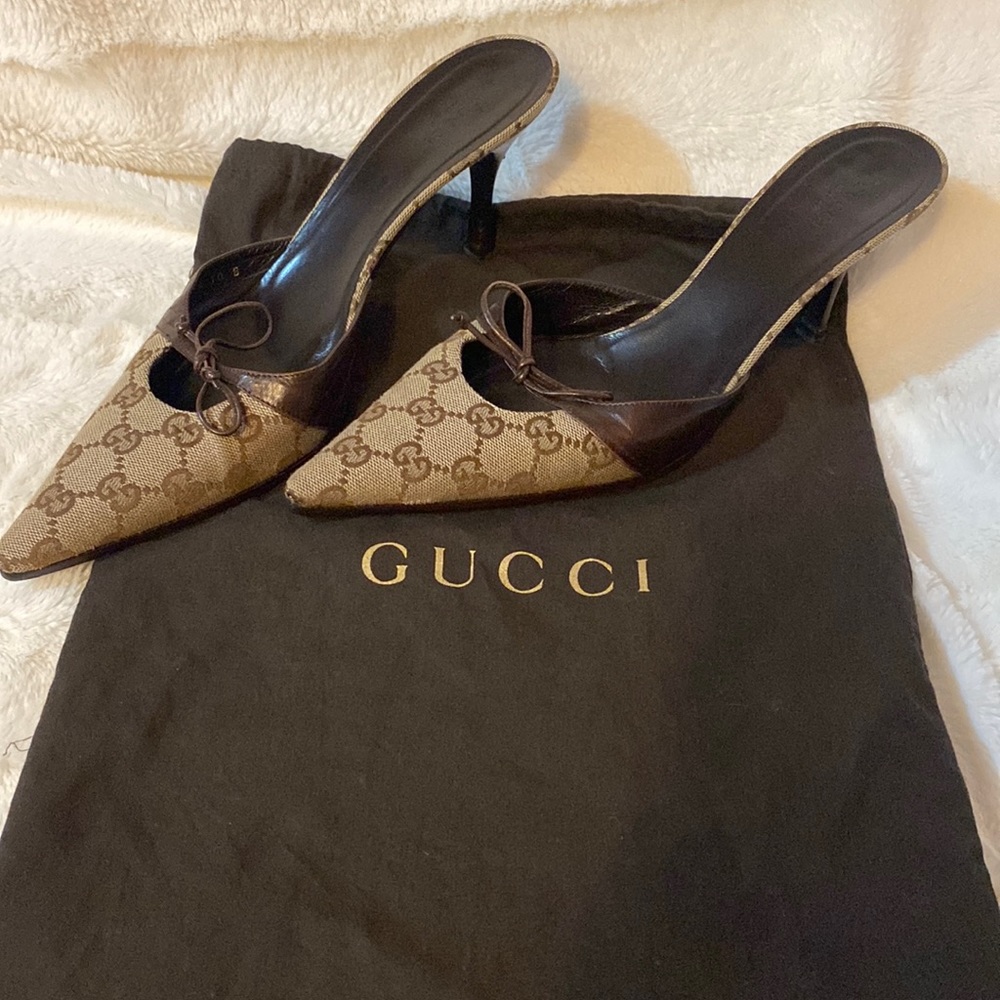 Gucci Brown Monogram Pointed Toe Mule Heels with Dark Brown Leather Trim